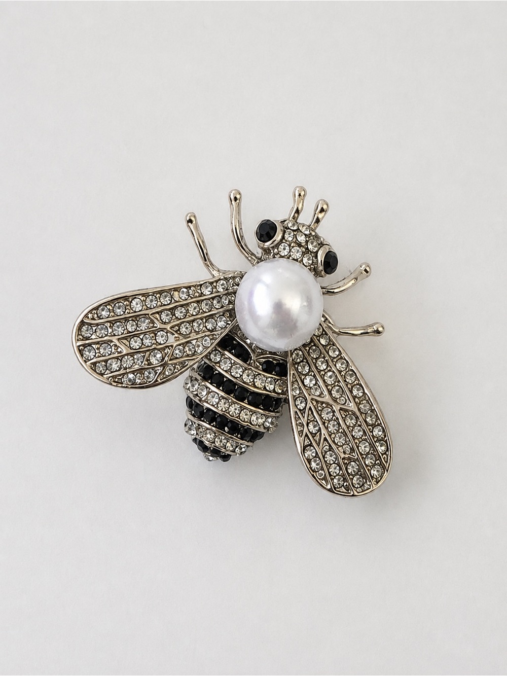 Elegant Pearl & Crystal Bee Brooch - Silver Tone, Black & White